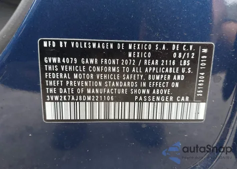 2013 Volkswagen Jetta 2.0L S from USA, damaged, VIN 3VW2K7AJ8DM221106